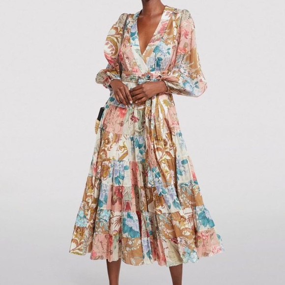 ZIMMERMANN Cassia Patchwork Floral Print Wrap Midi Dress - Picture 1 of 14